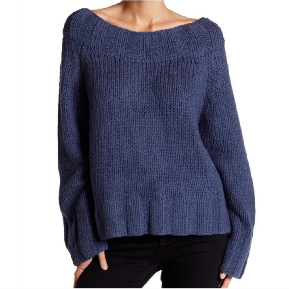 Women's Blue Free People Off Shoulder Ribbed Hem Knit Sweater Size Medium